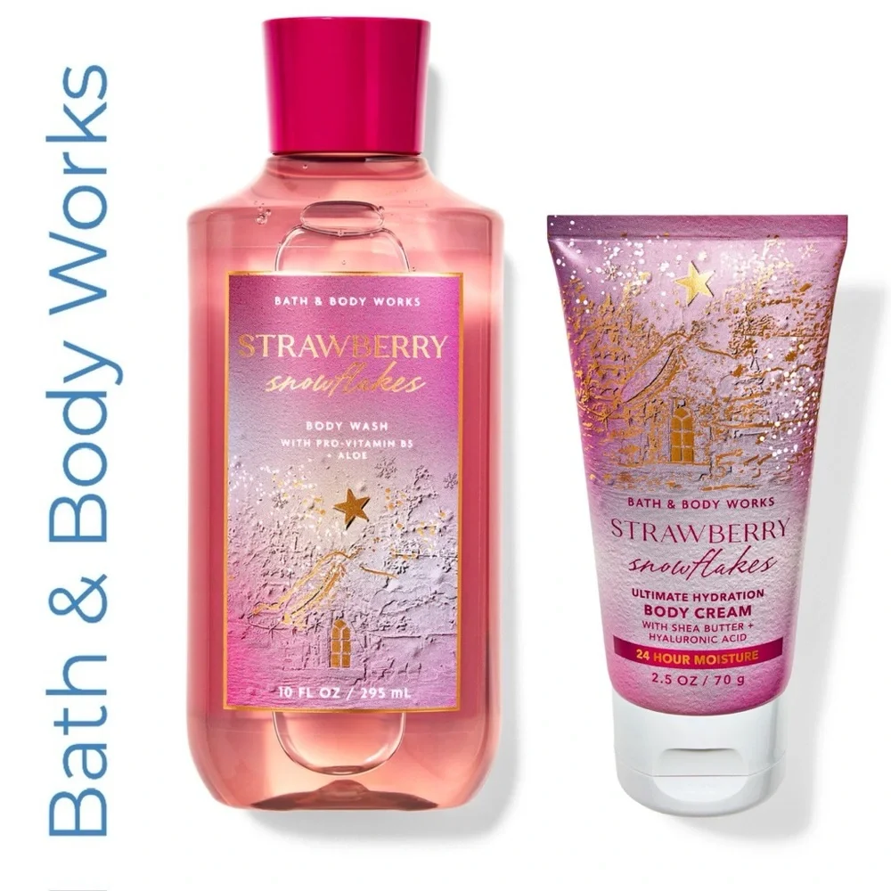 Bath & Body Works Strawberry Snowflakes Body Wash 10 FLOZ & Body Cream 2.5 OZ